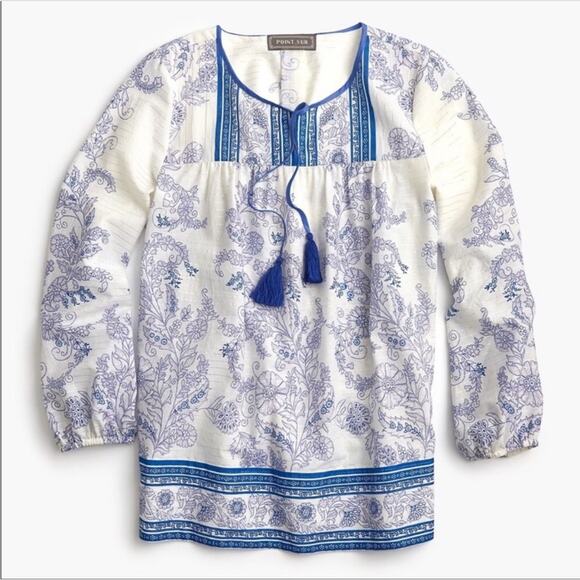 J. Crew Point Sur Blue metallic Block Print Floral Tassel Tunic Top S - Picture 1 of 9